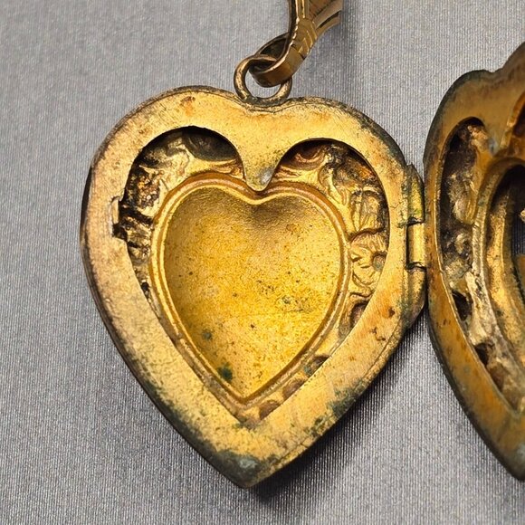 Victorian 12K Gold Filled Heart Locket Necklace Old Mine Cut Blue Paste Stones - Picture 7 of 16